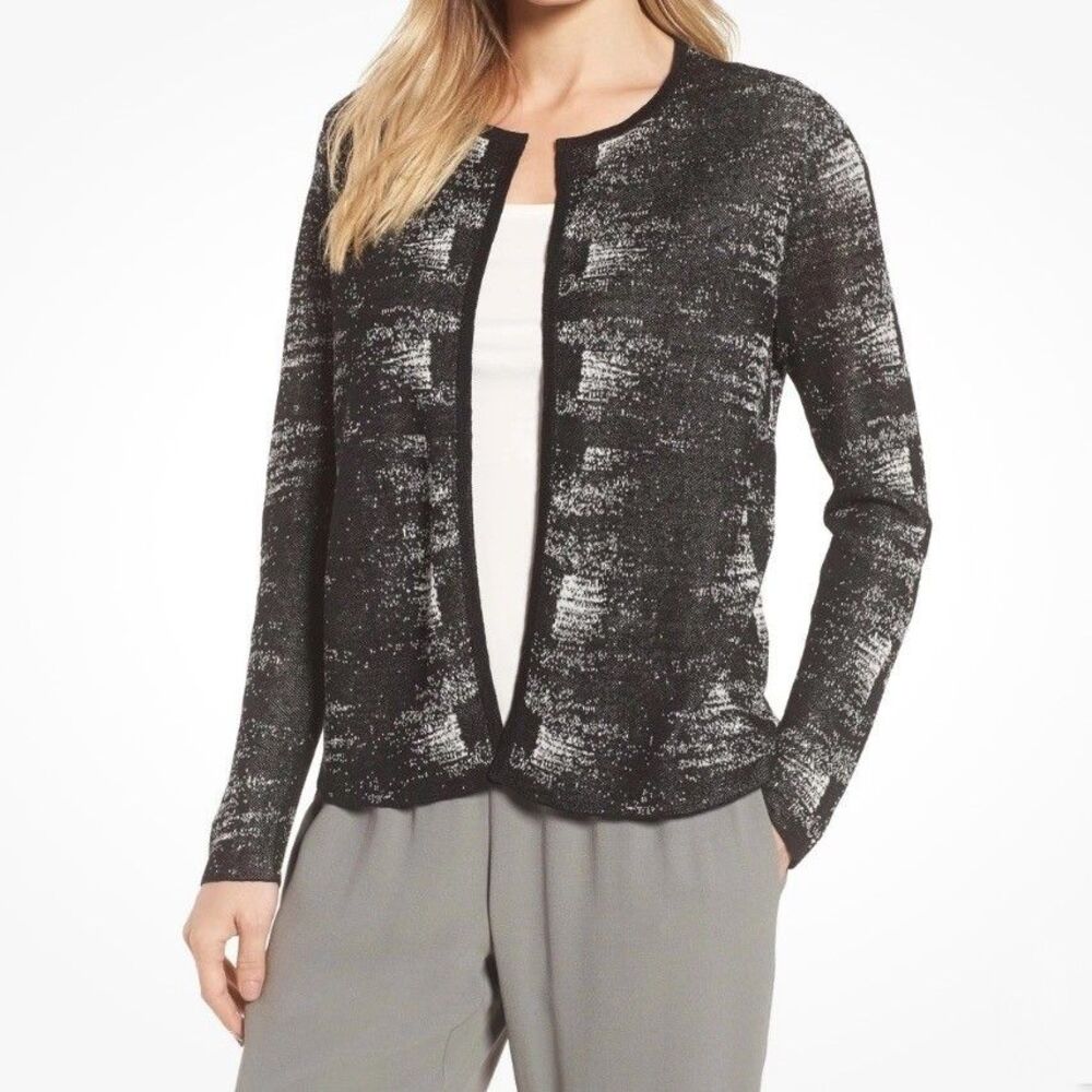 Eileen Fisher Organic Linen Crepe Knit Open Cardigan Lady Jacket Black Cream S